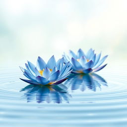 A serene scene featuring a pair of beautiful blue lotuses gracefully floating on calm, clear water