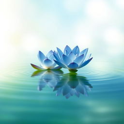 A serene scene featuring a pair of beautiful blue lotuses gracefully floating on calm, clear water
