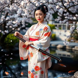 An Asian Japanese woman dressed in a traditional, beautifully patterned kimono adorned with colorful floral designs and intricate embroidery