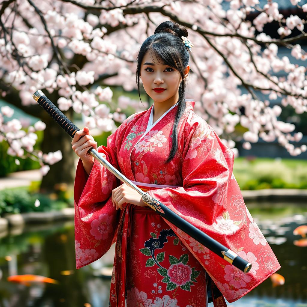 An Asian Japanese woman dressed in a traditional, beautifully patterned kimono adorned with colorful floral designs and intricate embroidery