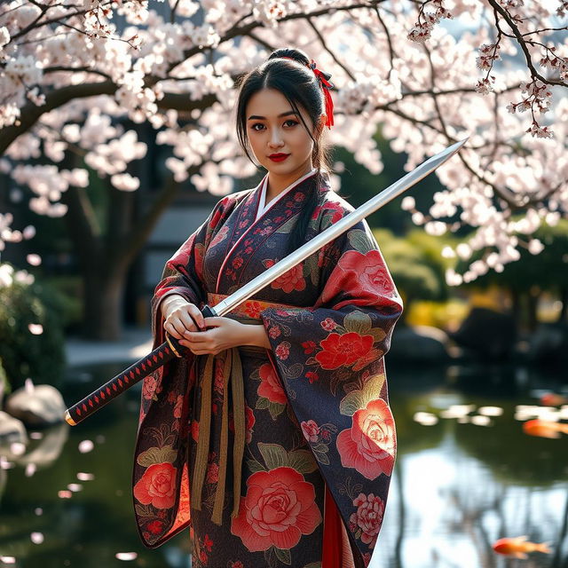 An Asian Japanese woman dressed in a traditional, beautifully patterned kimono adorned with colorful floral designs and intricate embroidery