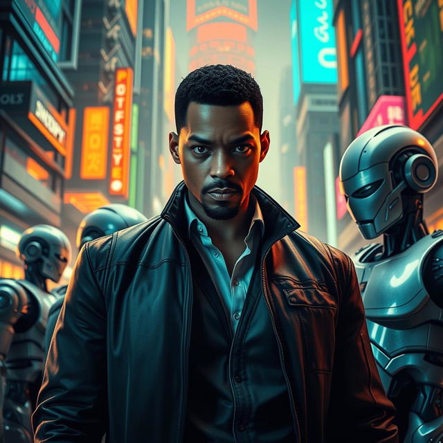 A dynamic scene from the futuristic world of 'Eu, Robô', showcasing detective Del Spooner (played by Will Smith) investigating a shocking murder committed by a robot