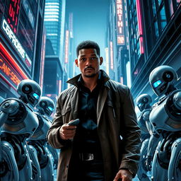 A dynamic scene from the futuristic world of 'Eu, Robô', showcasing detective Del Spooner (played by Will Smith) investigating a shocking murder committed by a robot