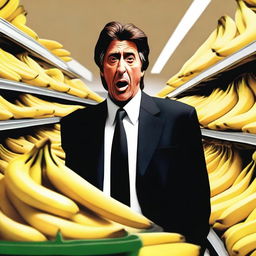 An engaging, high-quality digital art image showcasing a scene with Al Pacino, known for his intense acting style, in a supermarket setting