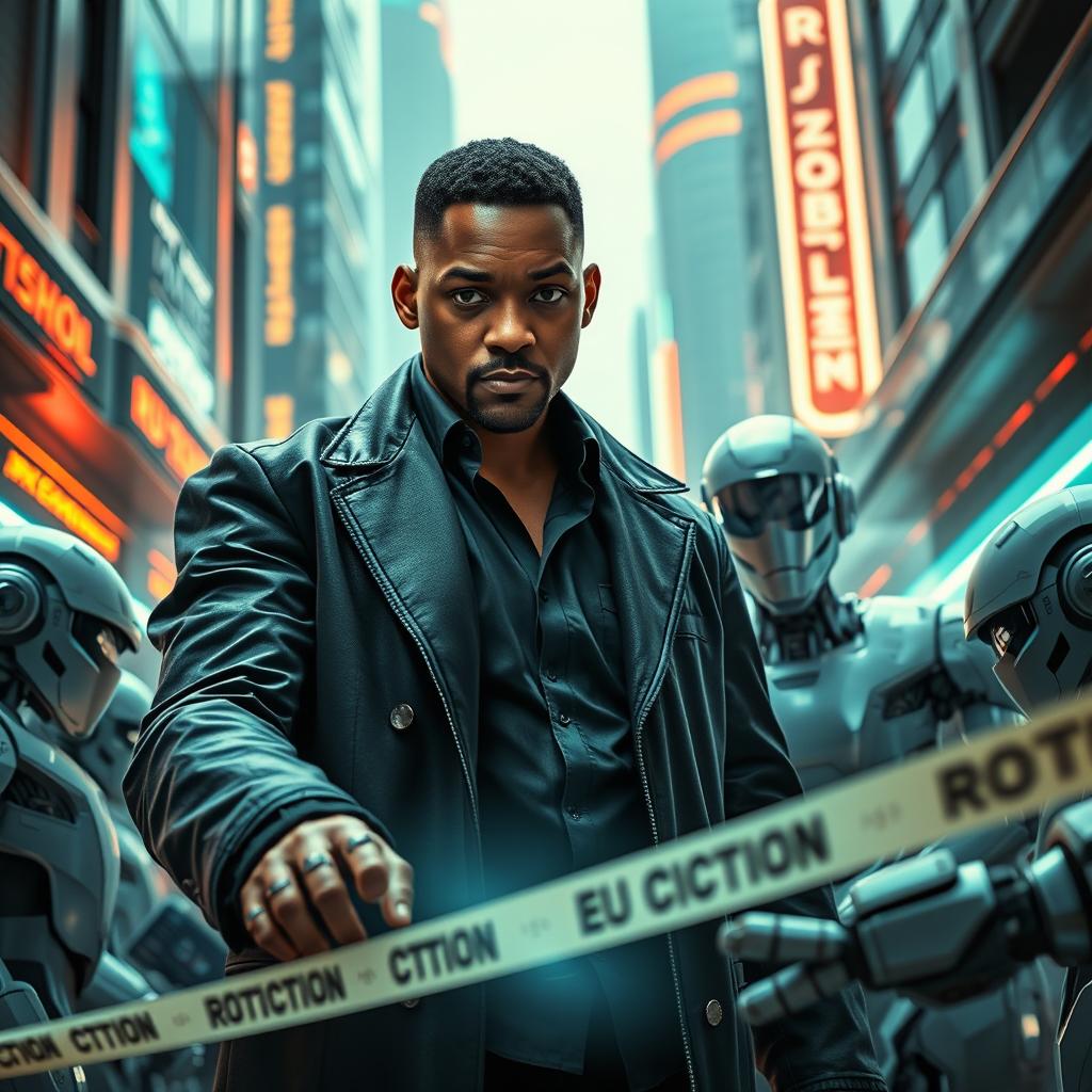 A dynamic scene from the futuristic world of 'Eu, Robô', showcasing detective Del Spooner (played by Will Smith) investigating a shocking murder committed by a robot