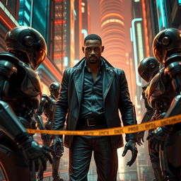 A dynamic scene from the futuristic world of 'Eu, Robô', showcasing detective Del Spooner (played by Will Smith) investigating a shocking murder committed by a robot
