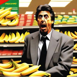 An engaging, high-quality digital art image showcasing a scene with Al Pacino, known for his intense acting style, in a supermarket setting