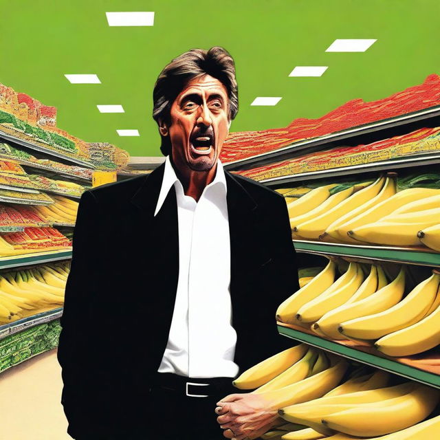 An engaging, high-quality digital art image showcasing a scene with Al Pacino, known for his intense acting style, in a supermarket setting