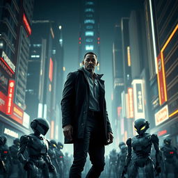 An intense and dramatic scene from the futuristic world of 'Eu, Robô', highlighting detective Del Spooner (Will Smith) as he investigates a mysterious murder committed by a robot