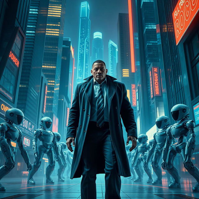 An intense and dramatic scene from the futuristic world of 'Eu, Robô', highlighting detective Del Spooner (Will Smith) as he investigates a mysterious murder committed by a robot