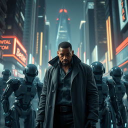 An intense and dramatic scene from the futuristic world of 'Eu, Robô', highlighting detective Del Spooner (Will Smith) as he investigates a mysterious murder committed by a robot