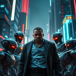 An intense and dramatic scene from the futuristic world of 'Eu, Robô', highlighting detective Del Spooner (Will Smith) as he investigates a mysterious murder committed by a robot