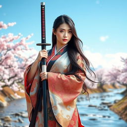 A beautiful Asian Japanese woman standing gracefully in a traditional kimono, adorned with intricate patterns and vibrant colors