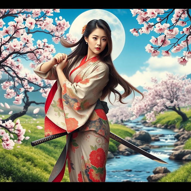 A beautiful Asian Japanese woman standing gracefully in a traditional kimono, adorned with intricate patterns and vibrant colors