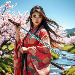 A beautiful Asian Japanese woman standing gracefully in a traditional kimono, adorned with intricate patterns and vibrant colors