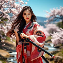 A beautiful Asian Japanese woman standing gracefully in a traditional kimono, adorned with intricate patterns and vibrant colors