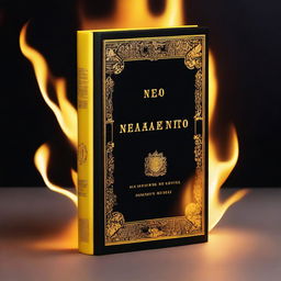 A high-quality image of a book cover, completely black in color, is illuminated by a powerful flame of yellow light, reminiscent of a divine glow