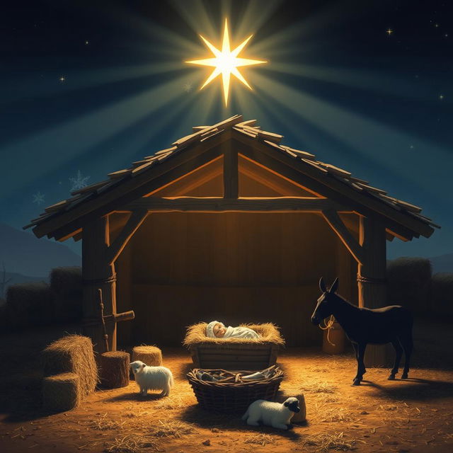 A serene scene representing the nativity of Jesus with key elements, avoiding faces