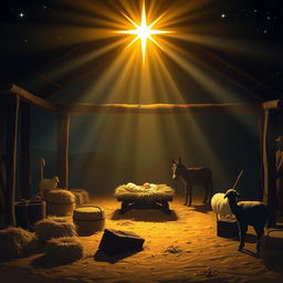 A serene scene representing the nativity of Jesus with key elements, avoiding faces