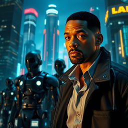 An engaging and suspenseful scene from the futuristic world of 'Eu, Robô', depicting detective Del Spooner (Will Smith) as he investigates a chilling murder committed by a robot