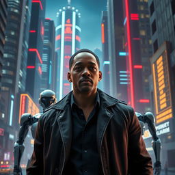 An engaging and suspenseful scene from the futuristic world of 'Eu, Robô', depicting detective Del Spooner (Will Smith) as he investigates a chilling murder committed by a robot