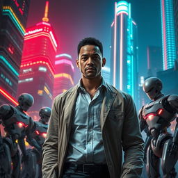 An engaging and suspenseful scene from the futuristic world of 'Eu, Robô', depicting detective Del Spooner (Will Smith) as he investigates a chilling murder committed by a robot