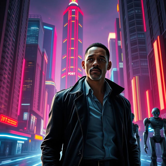 An engaging and suspenseful scene from the futuristic world of 'Eu, Robô', depicting detective Del Spooner (Will Smith) as he investigates a chilling murder committed by a robot