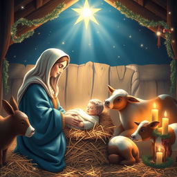 A beautiful Christmas scene depicting the Nativity of Jesus with the Holy Family