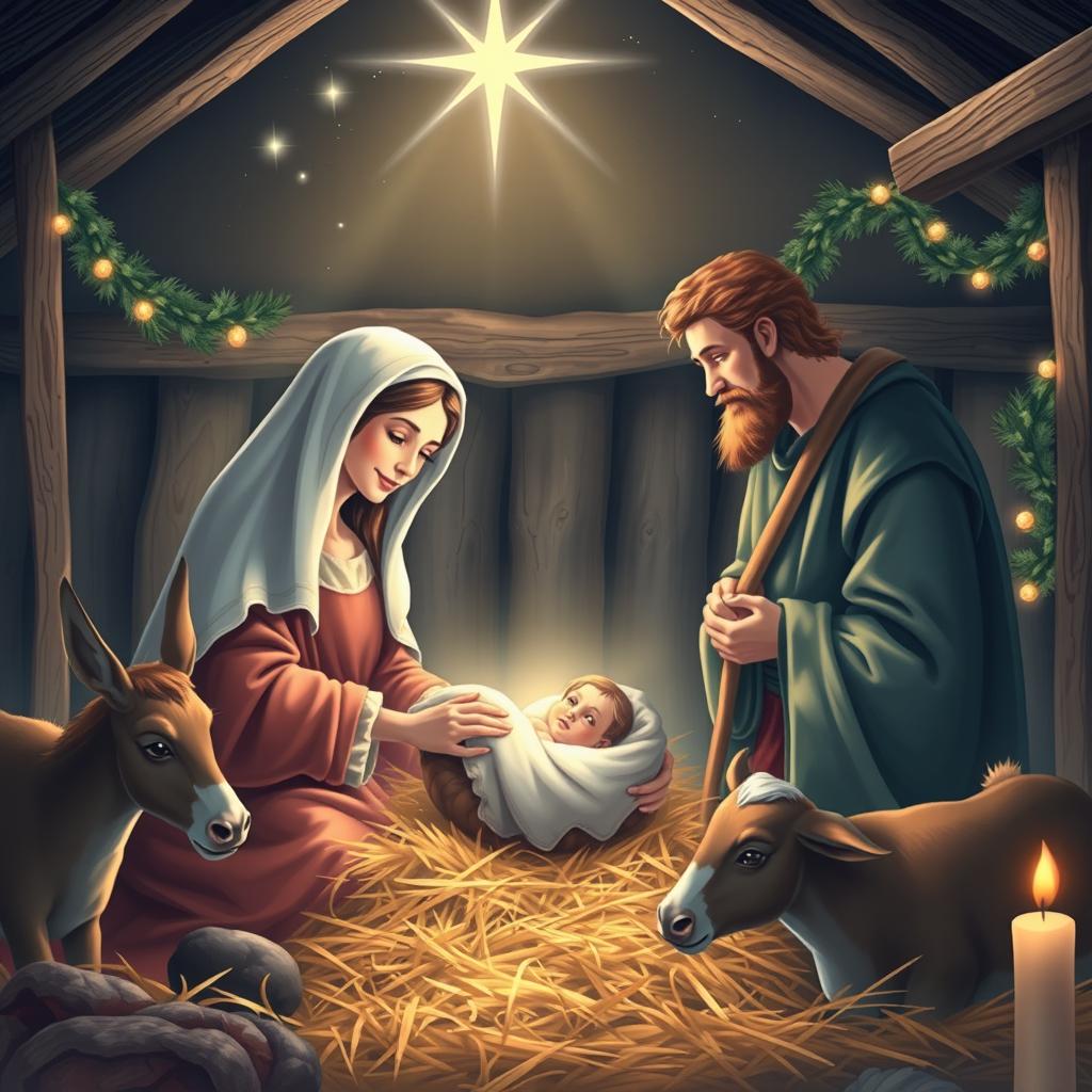 A beautiful Christmas scene depicting the Nativity of Jesus with the Holy Family