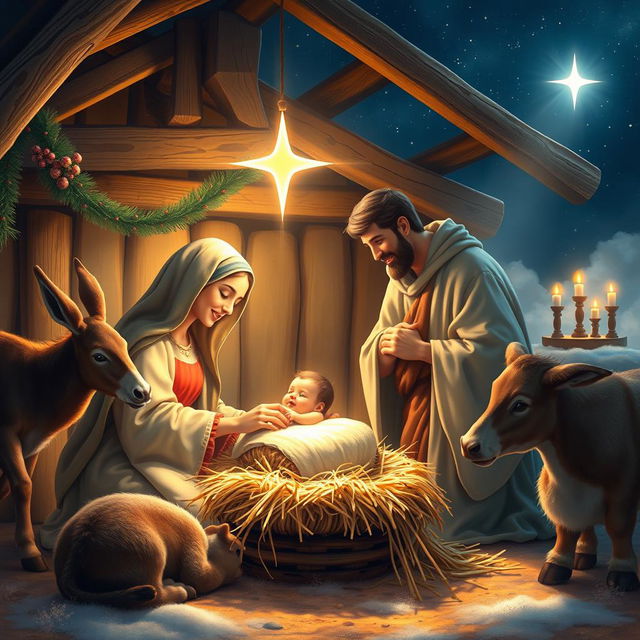 A beautiful Christmas scene depicting the Nativity of Jesus with the Holy Family