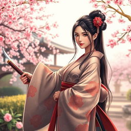 A stunning art illustration of an Asian Japanese woman elegantly dressed in a beautiful, traditional kimono that features intricate floral patterns