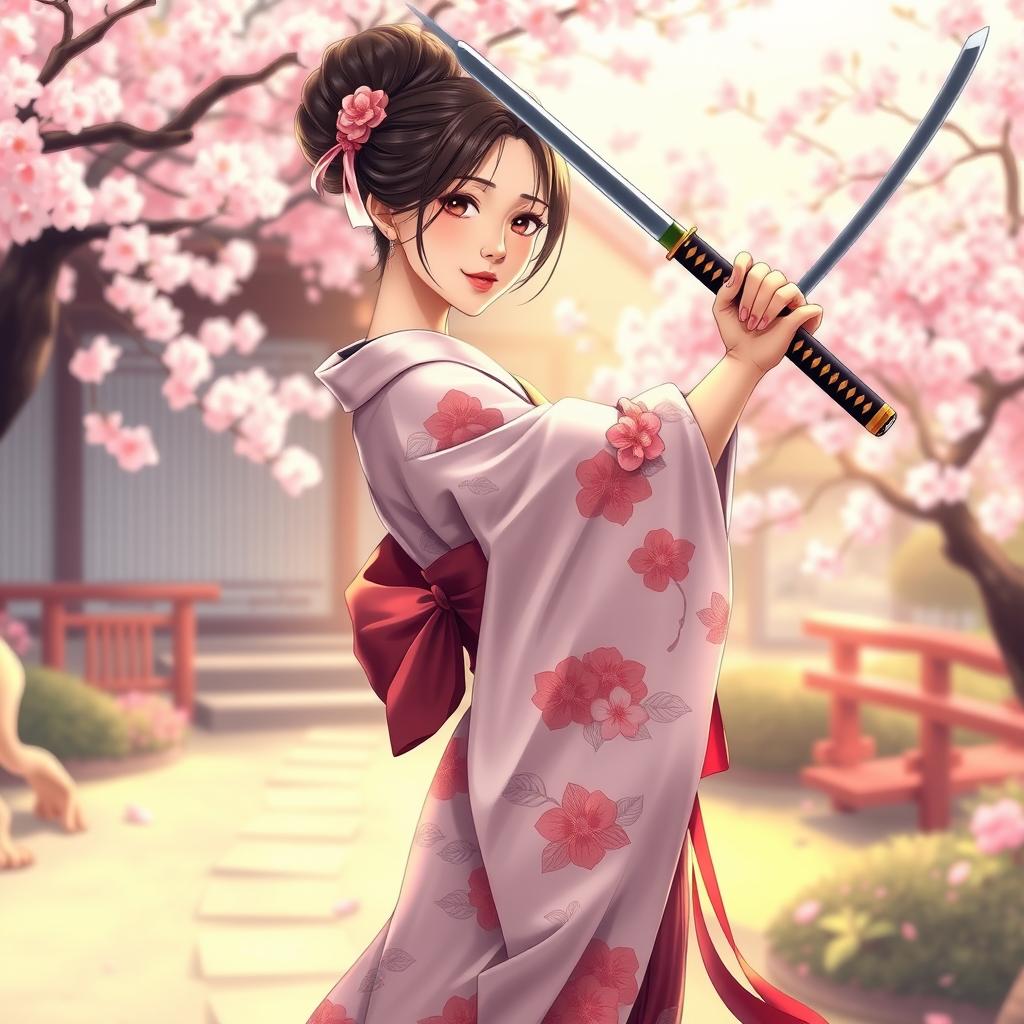 A stunning art illustration of an Asian Japanese woman elegantly dressed in a beautiful, traditional kimono that features intricate floral patterns