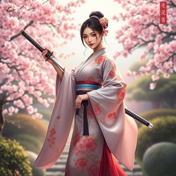 A stunning art illustration of an Asian Japanese woman elegantly dressed in a beautiful, traditional kimono that features intricate floral patterns