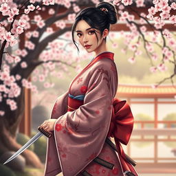 A stunning art illustration of an Asian Japanese woman elegantly dressed in a beautiful, traditional kimono that features intricate floral patterns