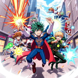 A dynamic scene featuring characters from the anime 'My Hero Academia' in a vibrant and action-packed setting