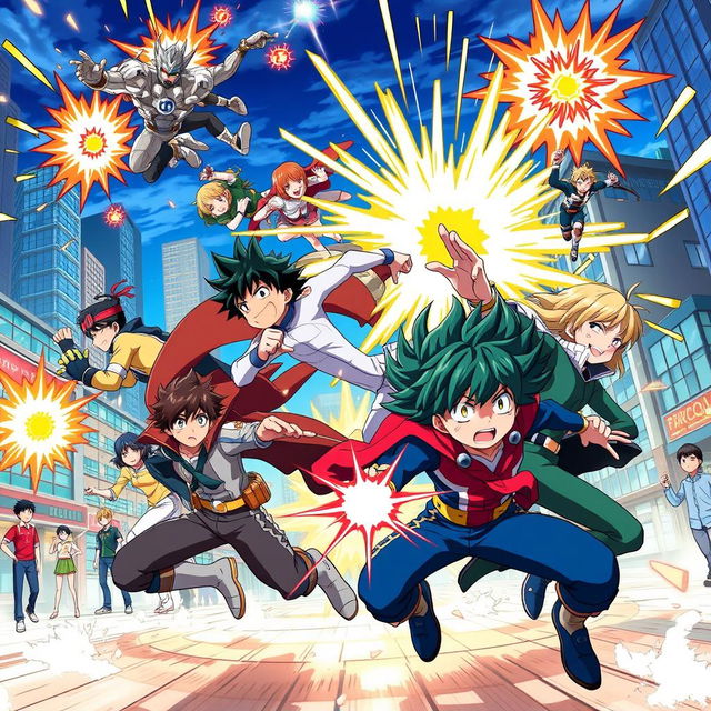 A dynamic scene featuring characters from the anime 'My Hero Academia' in a vibrant and action-packed setting