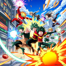 A dynamic scene featuring characters from the anime 'My Hero Academia' in a vibrant and action-packed setting