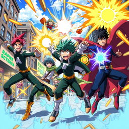 A dynamic scene featuring characters from the anime 'My Hero Academia' in a vibrant and action-packed setting