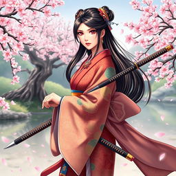 An exquisite art illustration of an Asian Japanese woman elegantly dressed in a vibrant kimono, featuring intricate patterns and rich colors