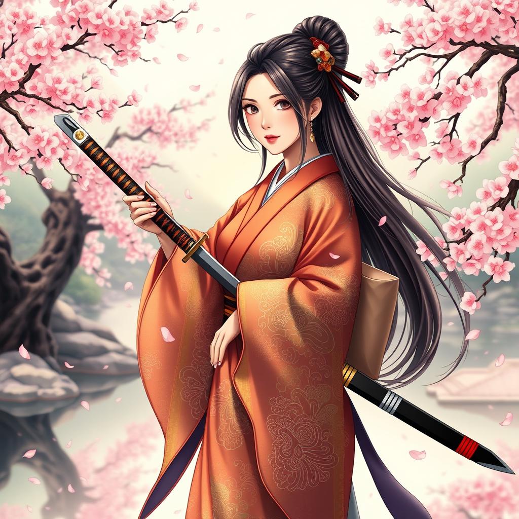 An exquisite art illustration of an Asian Japanese woman elegantly dressed in a vibrant kimono, featuring intricate patterns and rich colors