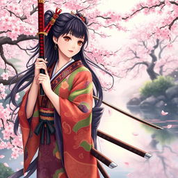 An exquisite art illustration of an Asian Japanese woman elegantly dressed in a vibrant kimono, featuring intricate patterns and rich colors