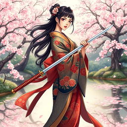 An exquisite art illustration of an Asian Japanese woman elegantly dressed in a vibrant kimono, featuring intricate patterns and rich colors