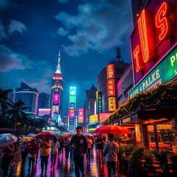 Create a striking image of a nighttime cityscape featuring a vibrant skyline lit up with colorful neon lights