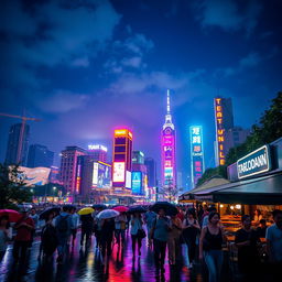 Create a striking image of a nighttime cityscape featuring a vibrant skyline lit up with colorful neon lights