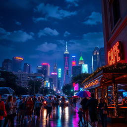 Create a striking image of a nighttime cityscape featuring a vibrant skyline lit up with colorful neon lights