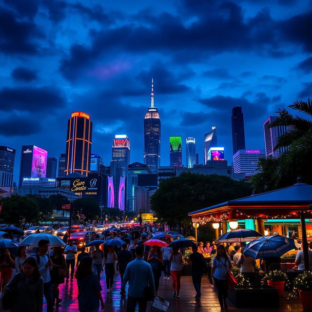 Create a striking image of a nighttime cityscape featuring a vibrant skyline lit up with colorful neon lights