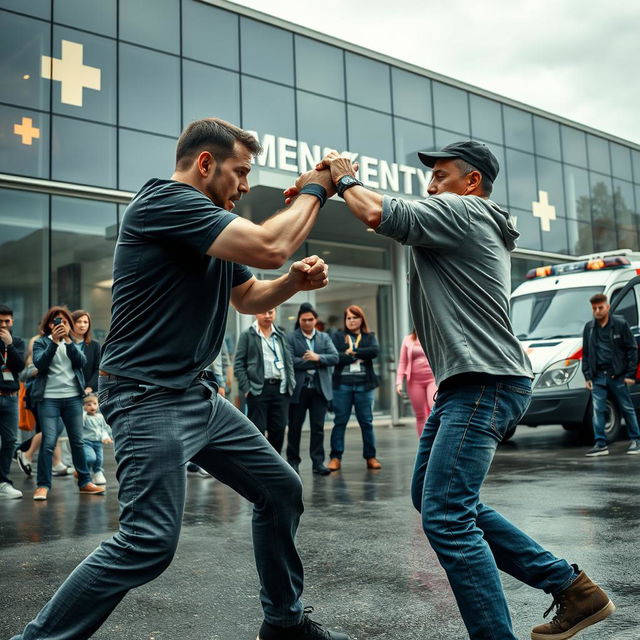 A dynamic street fight scene in front of a modern hospital with large glass windows, showing two determined fighters locked in combat