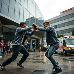 A dynamic street fight scene in front of a modern hospital with large glass windows, showing two determined fighters locked in combat