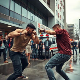 A dynamic street fight scene in front of a modern hospital with large glass windows, showing two determined fighters locked in combat