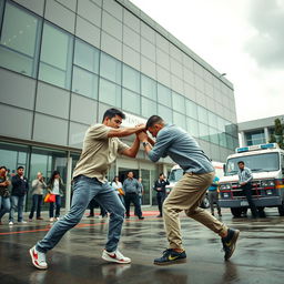 A dynamic street fight scene in front of a modern hospital with large glass windows, showing two determined fighters locked in combat